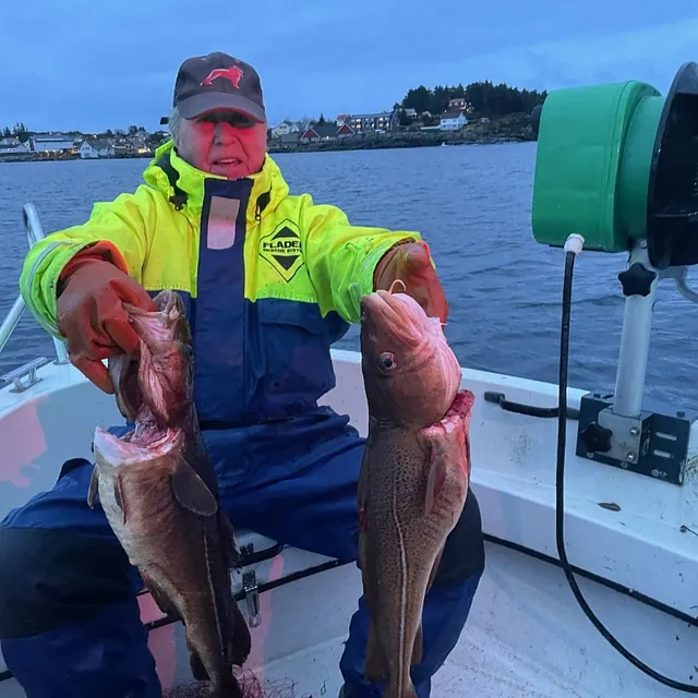 Mann med refleksfest holder to stykk fisk