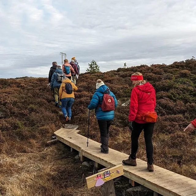 Turgåere med sekk og klær for fjellvær på trebro i lynghei